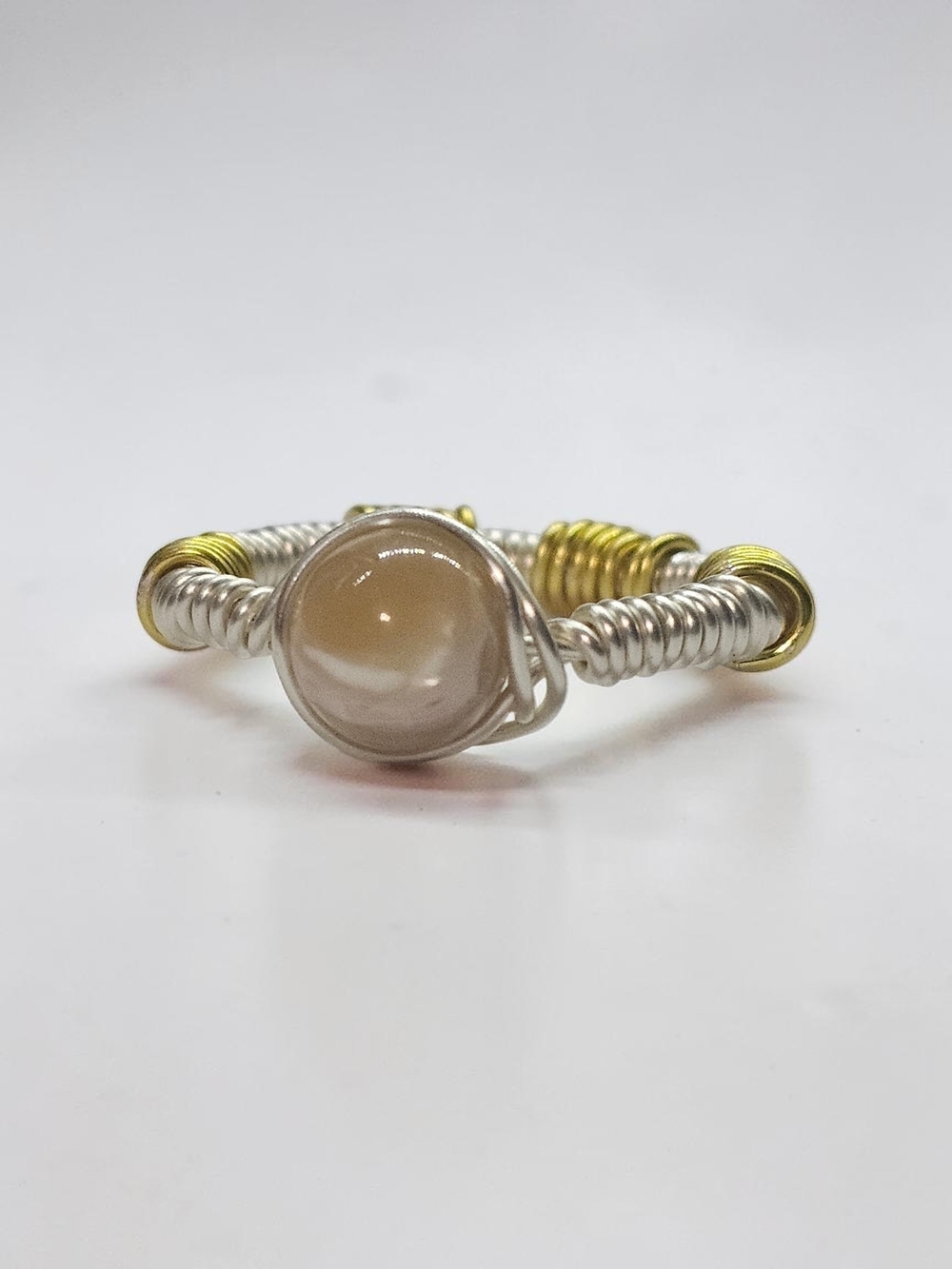 Handcrafted Two-Tone Wire Wrapped Beige Stone Ring